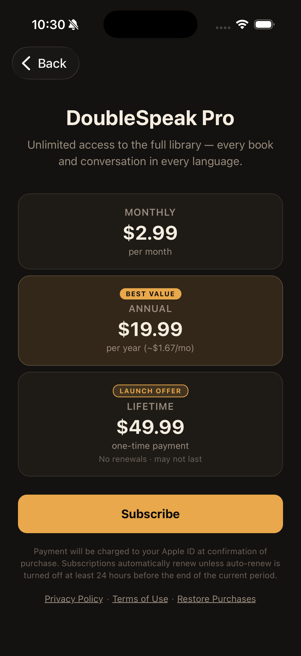 DoubleSpeak Pro paywall on iPhone showing the Monthly, Annual, and Lifetime plans